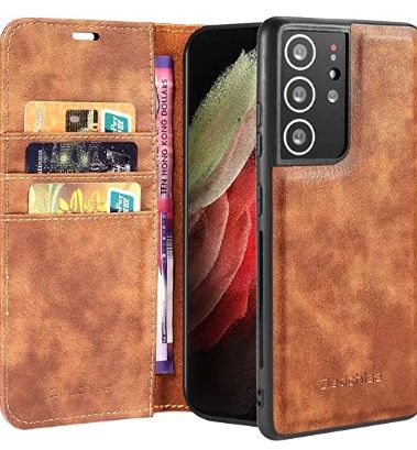 Photo 1 of Jedchisa Leather Wallet Case for Samsung Galaxy S21 Ultra,Detachable Magnetic Soft PU Shockproof Flip Cover Wallet with Card Holder,with Screen Protector for 6.8 Inch Samsung Galaxy S21 Ultra (Brown)