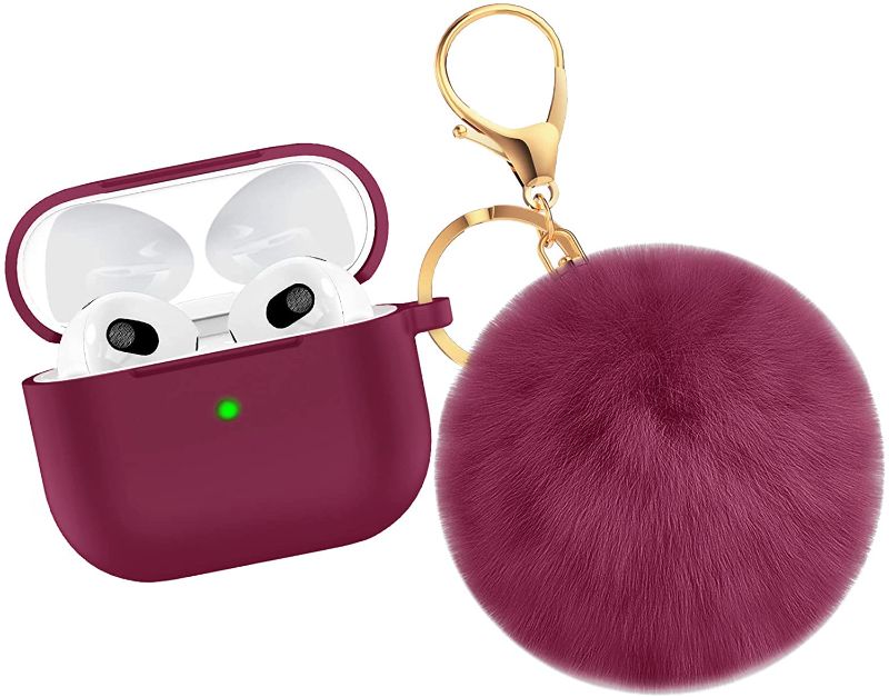 Photo 1 of  4 PACK OULUOQI for AirPods 3 Case Cover (2021 Version), Soft Silicone Case with Fur Ball Keychain for Girl,Women, Shockproof Protective Cover for AirPods 3 gen Charging Case [Visible Front LED]-Wine red
