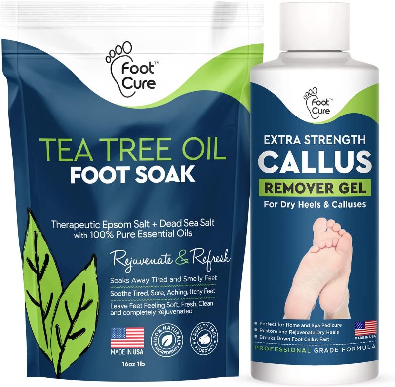 Photo 1 of **EXPIRES 08-2022** FootCure Tea Tree Oil Foot Soak With Callus Remover Gel- Professional Callus Scrubber to Remove Tough Callouses, Athlete's Foot, Toenail Fungus, Foot Odor & Dry Cracked Heels - Pedicure for Tired Feet
