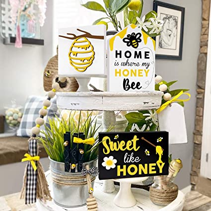 Photo 1 of Bee Wooden Sign Tiered Tray Decor Set of 3, 3D Raised Letter Laser Cutting Bumble Bee Wood Block Spring Summer Farmhouse Bee Home Kitchen Decor Self-Standing Display for Tray, Mantel, Bar, Shelf
