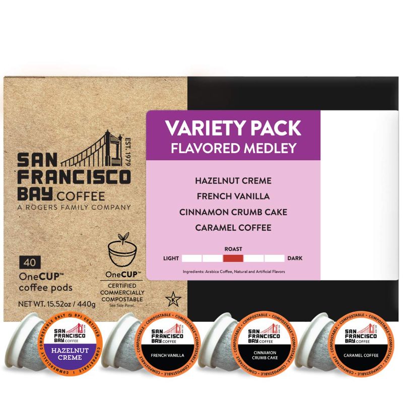 Photo 1 of * BEST BY AUG 24/2022* SF Bay Coffee OneCUP Flavored Variety Pack 40 Ct Compostable Coffee Pods, K Cup Compatible including Keurig 2.0 (Packaging May Vary)

