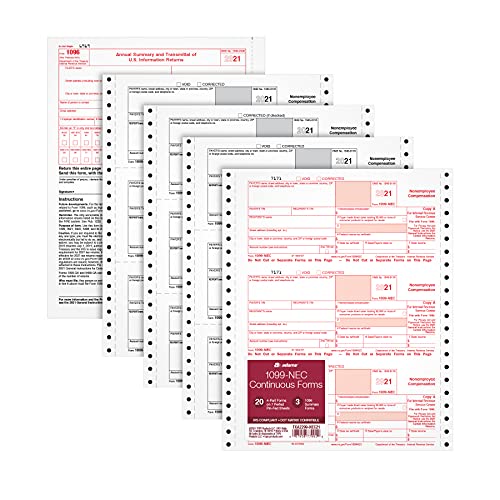 Photo 1 of 4 Packs of Adams 1099 NEC 3 up 2021 Continuous Forms, 4 Part Carbonless Forms, for Pin Fed Dot Matrix Printers, with 3 1096, 20 Pc Each Pack