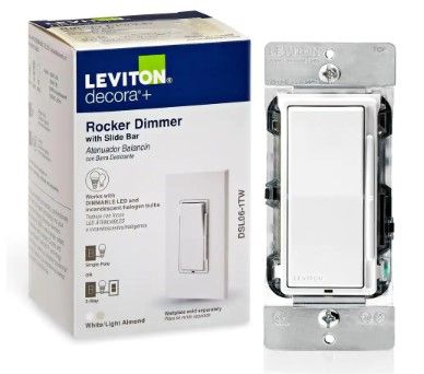 Photo 1 of Leviton Decora 600-Watt Single-Pole/3-Way Universal Rocker Slide Dimmer, White/Light Almond