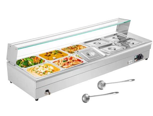 Photo 1 of 10-Pan x 1/2 GN Bain Marie Food Warmer 110 qt. Stainless Steel Commercial Food Steam Table with Tempered Glass Shield
