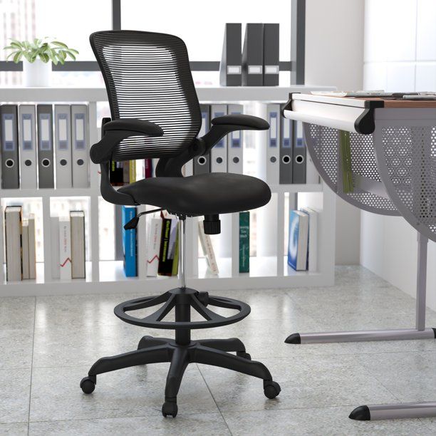 Photo 1 of Flash Furniture Mid-Back Black Mesh Ergonomic Drafting Chair with Adjustable Foot Ring and Flip-Up Arms
