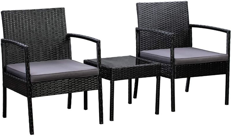 Photo 1 of **INCOMPLETE BOX 1/3** Amazon Basics Outdoor Patio Garden Faux Wicker Rattan Chair Conversation Set with Water Resistant Cushion - 3-Piece Set, Black
