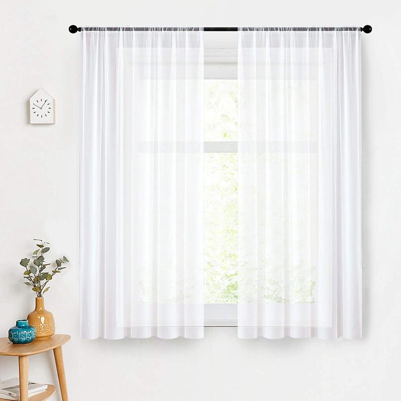 Photo 1 of  White Sheer Curtains 45 inches Long Short Sheers Kitchen Curtains Small Window Voile Basement Curtains Rod Pocket Window Treatment Set 2 Panels
