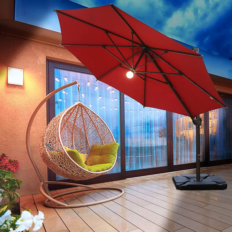 Photo 1 of Abba Patio 11 ft Round Solar Lighted Cantilever Umbrella with Easy Tilt & Cross Base for Garden, Backyard, Pool and Deck, Dark Red, 11ft
