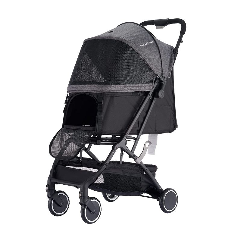 Photo 1 of Favonius poupee Foldable Pet Stroller, Four-Wheel Light Travel Stroller for Small and Medium-Sized Cats and Dogs with Sunshade Waterproof Canopy Basket Cup Holder(Grey)
