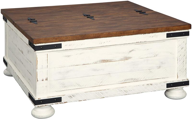 Photo 1 of ***MISSING COMPONENTS*** Signature Design by Ashley Wystfield Farmhouse Square Storage Coffee Table with Hinged Lift Top, Distressed White
