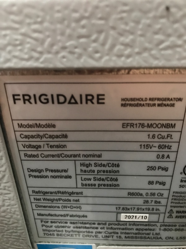 Photo 4 of **NOT FUNCTIONAL** Frigidaire EFR176-MOONBM 1.6 cu ft Moonbeam Retro Fridge with Side Bottle Opener. for The Office, Dorm Room or Cabin
