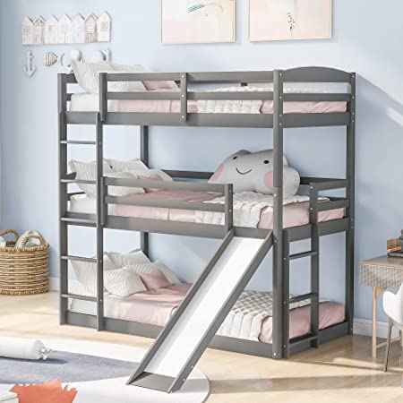 Photo 1 of **INCOMPLETE BOX 1 OF 2**Wood Triple Bunk Bed with Slide, Twin Over Twin Over Twin Adjustable Separable Beds with Ladder, Guardrail for 3 Peoples Adults Teen Kids (Gray)
