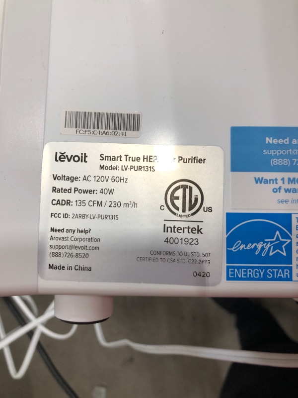 Photo 3 of **NOT FUNCTIONAL**Levoit Smart Wi-Fi Air Purifier with H13 True HEPA Filter, Cleanses the Air of Pet Dander, Pollen, Smoke, and Odors, Covers 290 Sq ft, 27 Sq m, White
