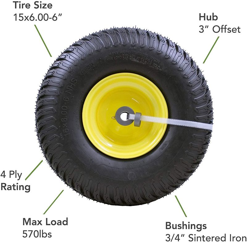 Photo 1 of 15x6.00-6" Front Tire Assembly Replacement for 100 and 300 Series John Deere Riding Mowers - 2 pack
