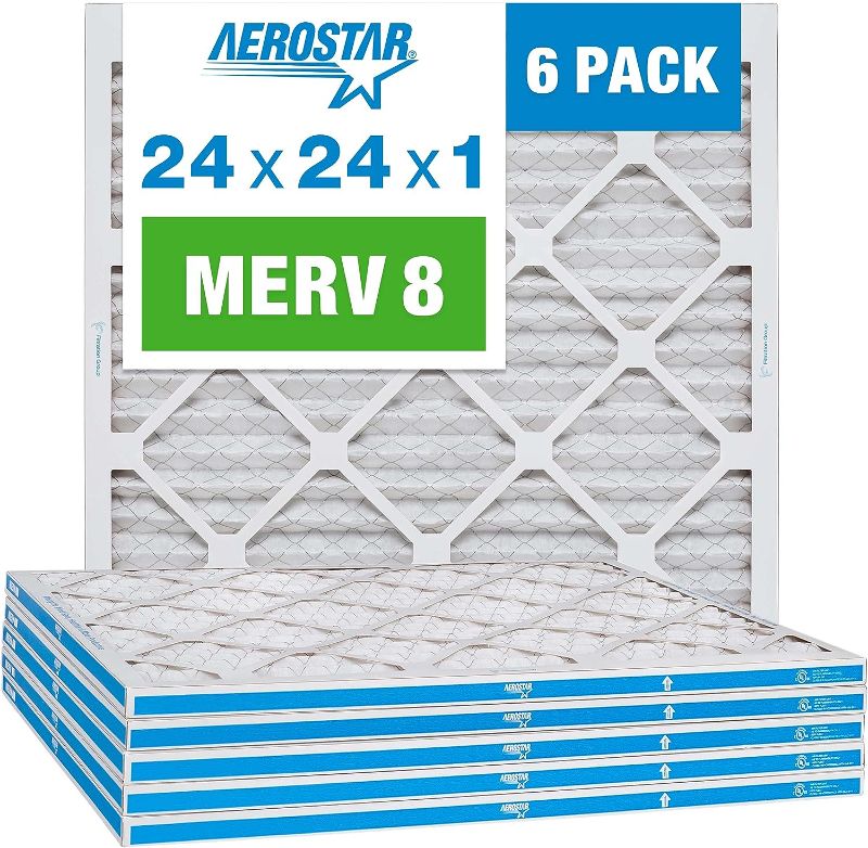 Photo 1 of Aerostar 24x24x1 MERV 8 Pleated Air Filter, AC Furnace Air Filter, 6 Pack (Actual Size: 23 3/4"x 23 3/4" x 3/4")
