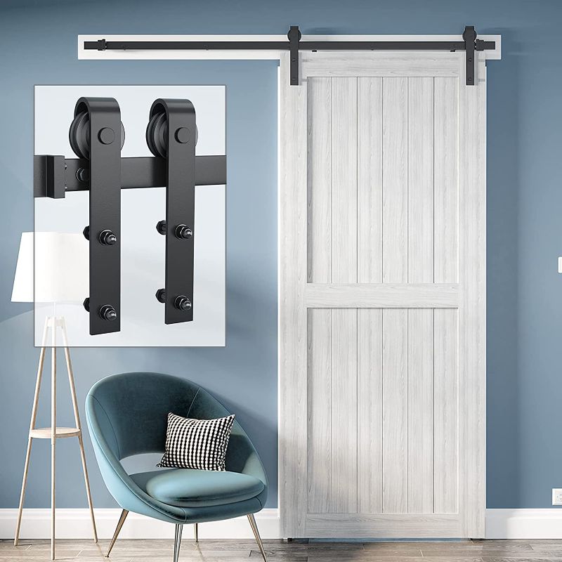Photo 1 of  Iron 6.6FT Single Barn Door Hardware, Classic Design Standard Track with Upgraded Nylon Bearings, for 36in-40in Wide Sliding Door Panel, Easy Installation, "Basic J"
 (DOOR NOT INCLUDED)
