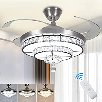 Photo 1 of DLLT Crystal Ceiling Fan with Light, 36W Modern Ceiling Fan Remote, 3-Blade Retractable Led Fan Chandelier Outdoor/Indoor for Living Room, Bedroom, Dining Room, Color Changeable 3000K-6000K Nickel
