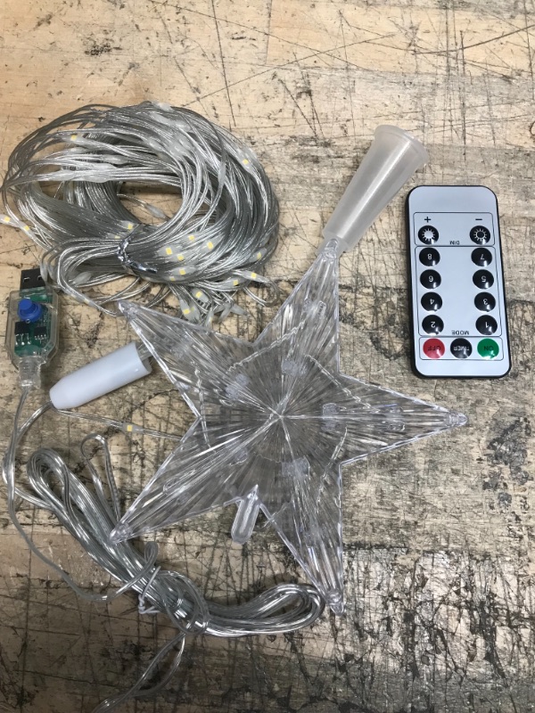 Photo 2 of *USED** Outdoor Christmas Tree Lights Waterproof USB Powered with Remote, Timer, Dimmable & 8 Light Modes, 6.6FT x 9 String Fairy Lights with 5.9" Star Topper