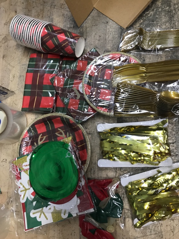 Photo 2 of Christmas Party Pack with Decorations and Plates Serves 16, 12oz Party Cups, Banner, Tablecloth, Cutlery Plaid