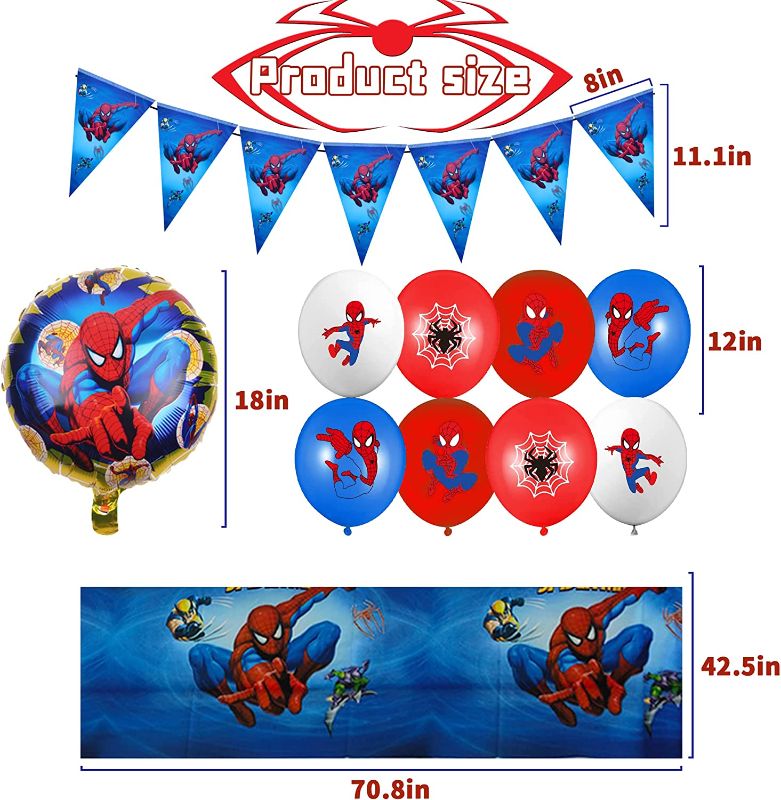 Photo 1 of 167 Pcs Spidery-men Birthday Decorations with Pennant,Mask,Hat,Invitation Card, Balloon,Cupcake Toppers,Tablecloth,Napkin,Gift Bag,Candy Box,Popcorn Box,Plate for Spidery-men Party Supplies 2 PACK 
