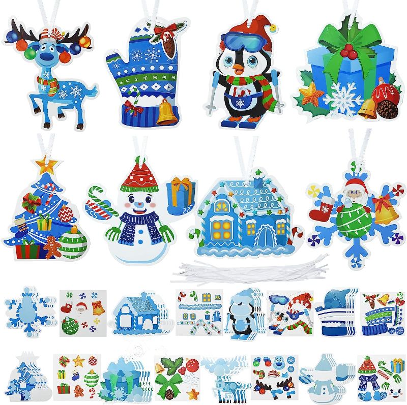 Photo 1 of 32 Pieces Christmas Crafts for Kids Christmas Ornaments for Tree Winter Party Christmas Paper Crafts DIY Stickers Xmas Tree Ornament for Kids Wall Snowman Snowflakes Ornaments Hanging Decorations 2 PACKS