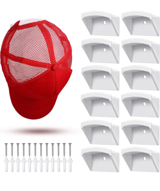 Photo 1 of 12 Pack Adhesive Hat Hooks for Wall Hat Rack Wall Mount Hat Hanger Hanging Hat Organizer Pre Drilled Hat Holder with 12 Pcs Screws, White