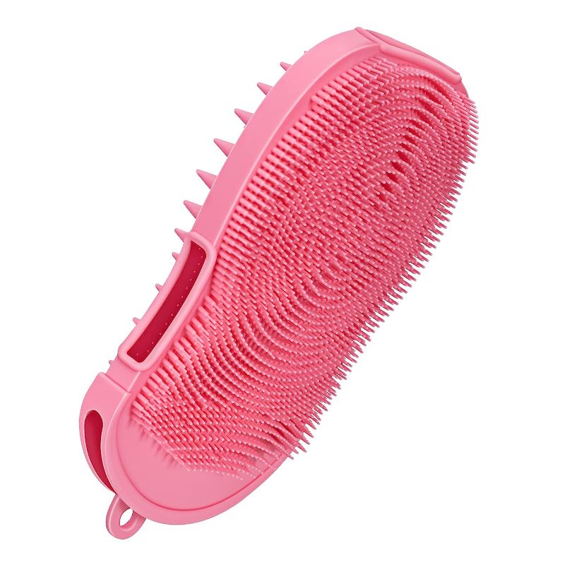 Photo 1 of **HEETA Silicone Body Scrubber and Hair Shampoo Brush, 2 in 1 Upgrade Scalp Massager Exfoliating Brush for Skin and Scalp Care - Silicone Loofah with Gentle Massage Nodes, Lathers Well (Pink)
