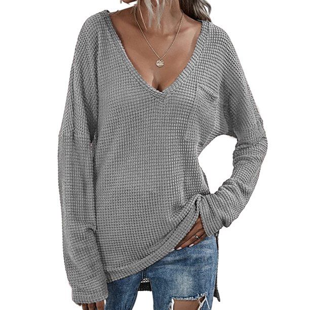 Photo 1 of Esobo Women's V Neck Cotton-Blend Shirts Tops Waffle Knit Sexy Long Sleeve Loose Plain Pullover Jumpers MEDIUM
