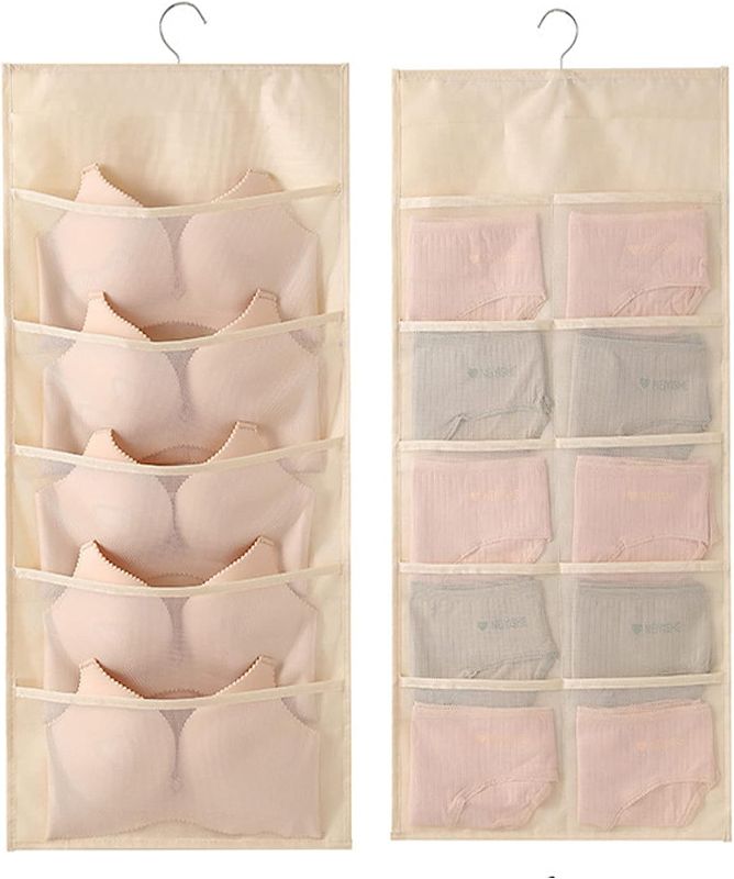 Photo 1 of 3 PACK**ST-BEST-P Bra and Underwear Hanging Storage Organizer Mesh Pockets Dual Sided Wall Shelves Space Saver Bag Sock Underpants Drawer Closet Clothes Rack (Beige:(5+10 Pockets))
