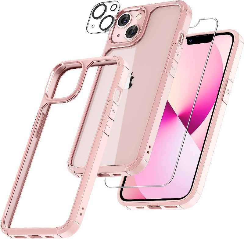 Photo 1 of TAURI [5 in 1 Designed for iPhone 13 Case, [Not-Yellowing] with 2X Tempered Glass Screen Protector + 2X Camera Lens Protector [Military-Grade Drop Protection] Shockproof Slim 6.1 Inch Pink…?
