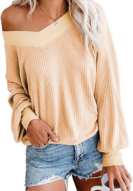 Photo 1 of Aleumdr Women's V Neck Long Sleeve Waffle Knit Pullover Jumper Tops Fashion Off The Shoulder Solid Sweater Apricot XX-Large 18 20