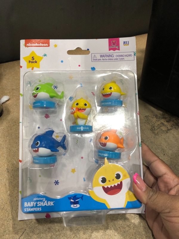 Photo 2 of Baby Shark Toy Stampers Set of 5 – Self-Inking Baby Shark Toys, Action Figures, Party Decor, Birthday Party Supplies, Cake Toppers – Parent, Baby, Grandparent Sharks and William - Party Decor (B)
