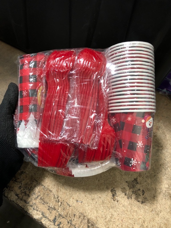 Photo 2 of Christmas Red Black Buffalo Plaid Party Tableware Set for 20 Guests Including Dinner Dessert Plates, Lunch Napkins, Cups, Knife, Fork and Spoon for Christmas Party Celebration Supplies Decorations