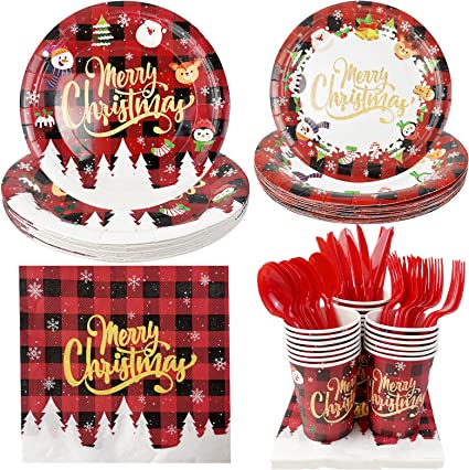 Photo 1 of Christmas Red Black Buffalo Plaid Party Tableware Set for 20 Guests Including Dinner Dessert Plates, Lunch Napkins, Cups, Knife, Fork and Spoon for Christmas Party Celebration Supplies Decorations