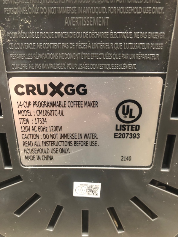 Photo 5 of ***TESTED POWERS ON*** Cruxgg 14 Cup Programmable Coffee Maker with Customizable Brew Strength - Smoke