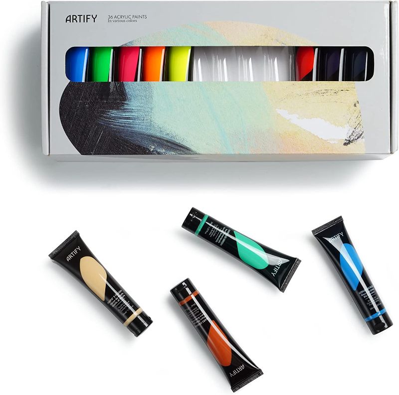 Photo 1 of ARTIFY Premium Heavy Body Acrylic Paint Set, 36 Colors (1.29 oz, 38ml) with a Storage Box, Rich Pigments, Metallic Paints, Non-Fading, Non-Toxic Paints for Artist, Beginners, Adults & Kids, Art Supplies for Canvas Painting