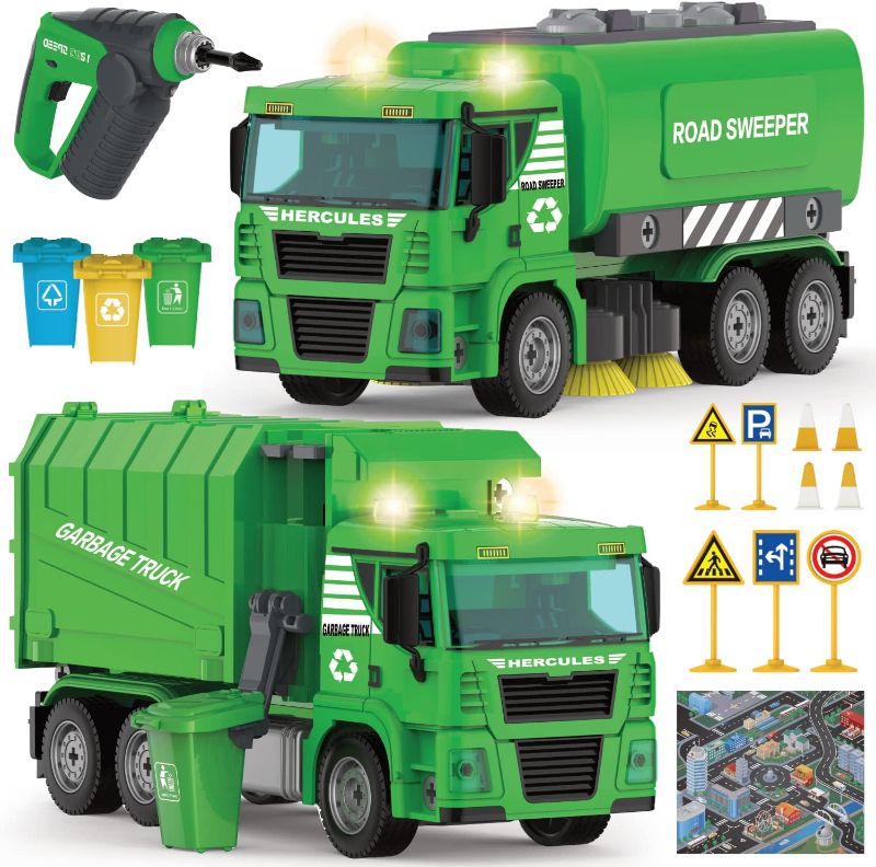 Photo 1 of Garbage Truck Toys - 2-in-1 148 Pcs STEM Garbage Truck & Street Sweeper Take Apart Toy w/ Drill, Push & Go, Lights & Sounds for Kids – Construction Vehicle Playset for Boys Ages 5 6 7+ Years Old 