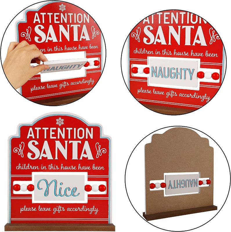 Photo 2 of Adroiteet Christmas Decorations Table Sign, 11" x 10" Attention Santa Naughty or Nice Tabletop Centerpiece, Wooden Sign Xmas Decor for Indoor Home Kitchen Party