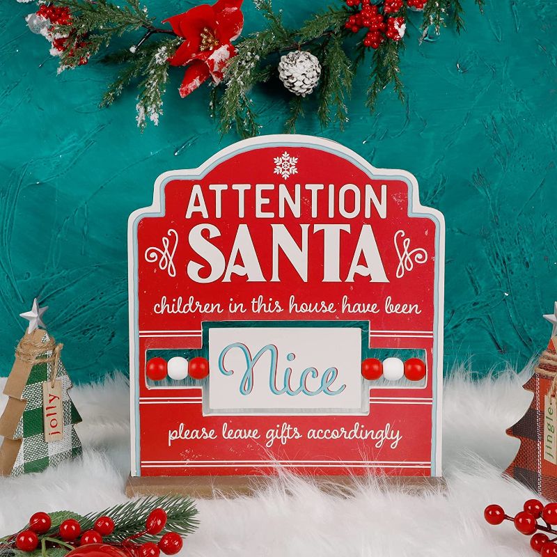 Photo 1 of Adroiteet Christmas Decorations Table Sign, 11" x 10" Attention Santa Naughty or Nice Tabletop Centerpiece, Wooden Sign Xmas Decor for Indoor Home Kitchen Party