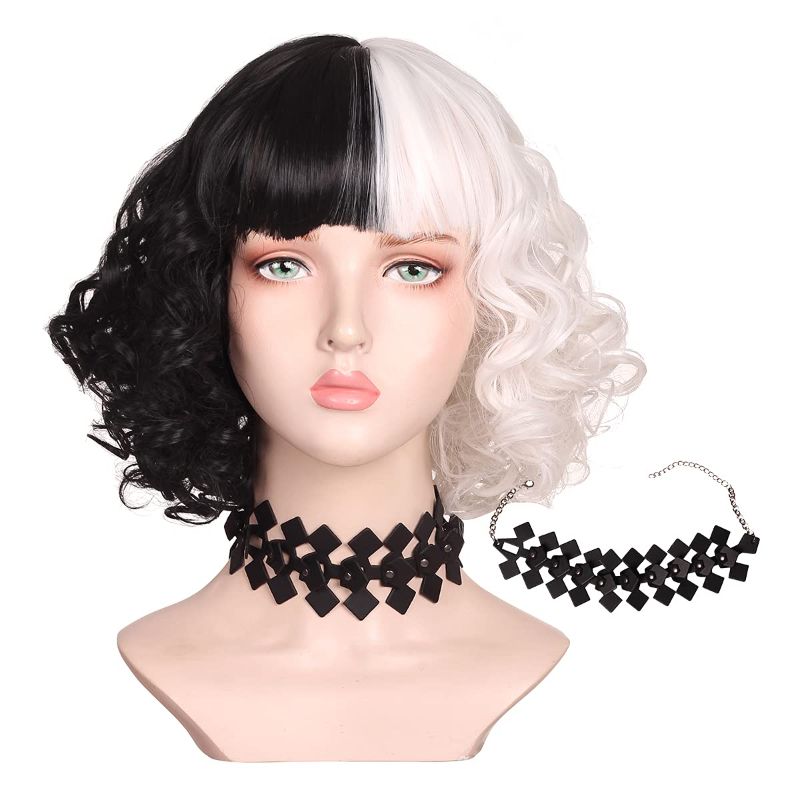 Photo 1 of ColorGround Short Half Black Half White Curly Wig for Women (Wig and Necklace Choker) Black and White B