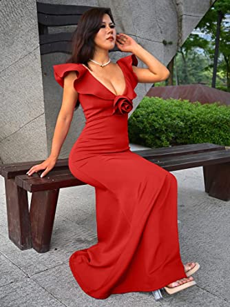 Photo 4 of YMDUCH Women's Sexy Ruffle Sleeve V Neck High Split Evening Gown Long Formal Dress 