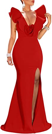 Photo 1 of YMDUCH Women's Sexy Ruffle Sleeve V Neck High Split Evening Gown Long Formal Dress 