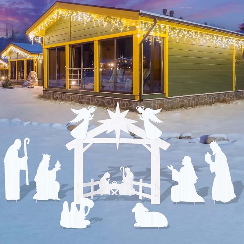 Photo 1 of 10 Pcs Christmas Nativity Scene Yard Display Set Large Nativity Front Lawn Sign Holy Nativity Blank Yard Signs Manger Scene Religious Christmas Signs for Outdoor Indoor Holiday Decorations, White