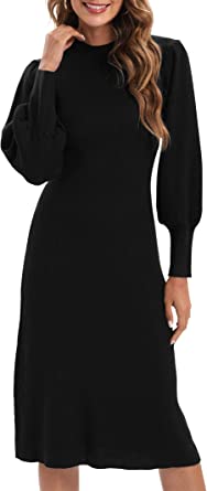 Photo 2 of DOKOTOO Women Midi Sweater Dress Lantern Sleeve Long Rib Knit Crew Neck Casual Sexy Pullover--MEDIUM