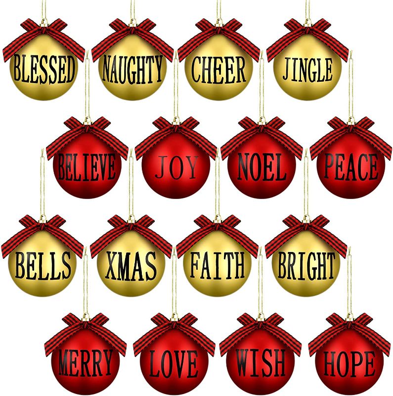 Photo 1 of 16 Pieces Christmas Ball Hanging Ornament Buffalo Plaid Xmas Tree Ornaments Matte Christmas Word Hanging Decoration with Bows for Farmhouse Party Supply (Black Red Plaid, Red and Gold Ball, 3 Inch)
