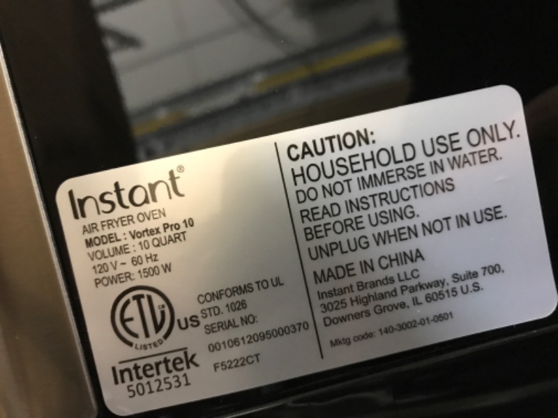 Photo 3 of ****TESTED/ TURNS ON*** Instant Vortex Pro Air Fryer, 10 Quart, 9-in-1 Rotisserie and Convection Oven, From the Makers of Instant Pot with EvenCrisp Technology, App With Over 100 Recipes, 1500W, Stainless Steel 10QT Vortex Pro