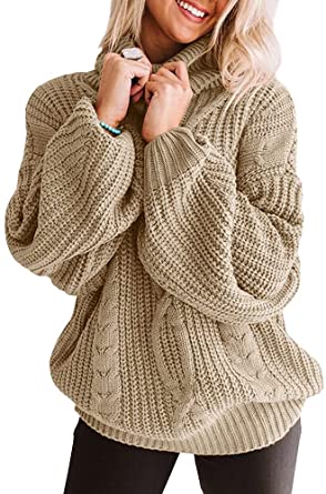 Photo 1 of FERBIA Women Cowl Neck Pullover Sweater Oversized Chunky Cable Knit Slouchy Baggy Batwing Loose Balloon Sleeve Jumper- Large