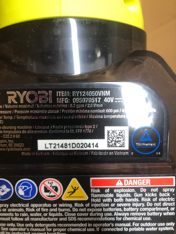 Photo 3 of ***INCOMPLETE*** RYOBI 40-Volt HP Brushless EZClean 600 PSI 0.7 GPM Cold Water Power Cleaner with 2.0 Ah Battery
*SEE CLERK PHOTOS*