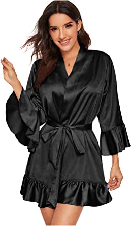 Photo 1 of Floerns Women's Ruffle Hem Belted Satin Kimono Bridesmaids Robe- XL
