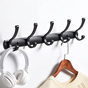 Photo 1 of AIMAXINKE Solid Aluminum Coat Hooks Wall Mounted, 5 Double Hooks Heavy Coat Hooks Rail, Coat Rack for Hanging Apply to The All in Entryway, Bedroom, Cloakroom, Coat, Hat, Bag, Bathroom, Towel (Black)
